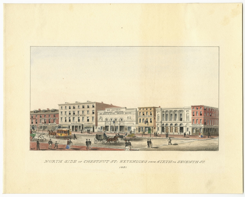 Watercolor of 19th century Philadelphia street scene including block of businesses, horse drawn vehicles, and pedestrians